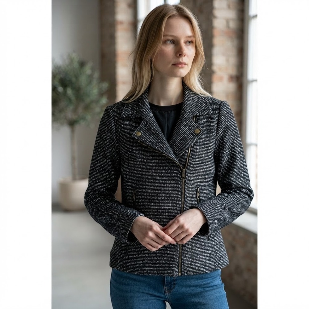 DE Collection Womens Black White Textured Tweed Asymmetrical Moto Jacket Medium